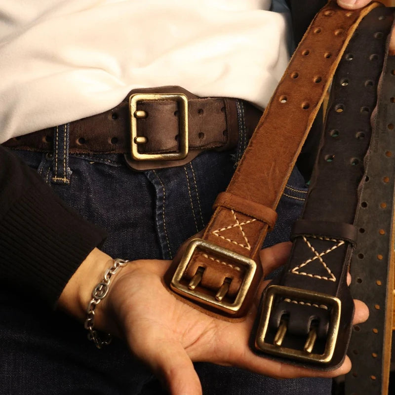 Handmade double-needle genuine leather belt with vintage tactical design — rugged elegance and premium quality for refined men’s style.