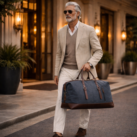 Premium canvas and leather travel bag — large capacity duffel and carry-on for men. Elegant, minimalist design with durable construction for weekend trips, travel, and everyday carry.