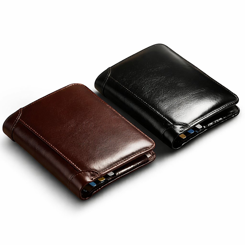 Classic genuine leather men’s wallet — premium bifold card holder with minimalist design. Durable, compact, and sophisticated for everyday carry.