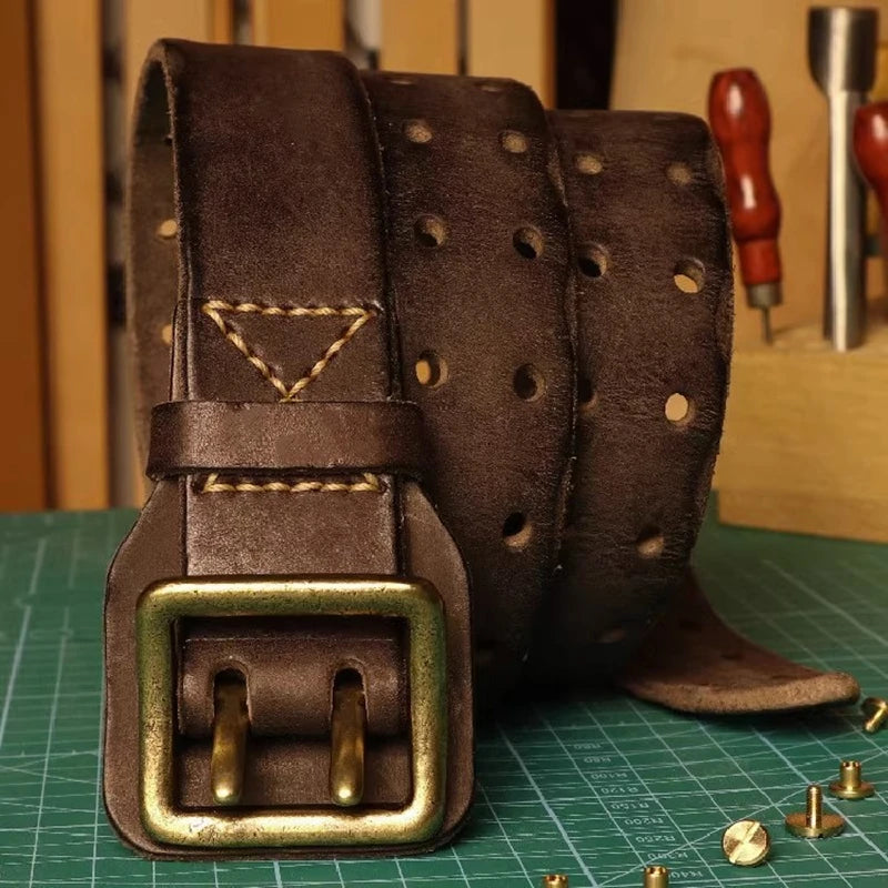 Handmade double-needle genuine leather belt with vintage tactical design — rugged elegance and premium quality for refined men’s style.