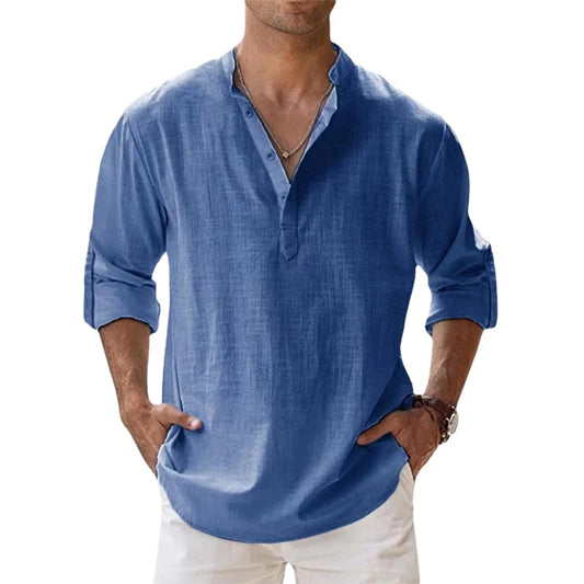 Luxury men’s linen-blend long sleeve shirt. Lightweight, breathable, and elegant for refined everyday summer style.