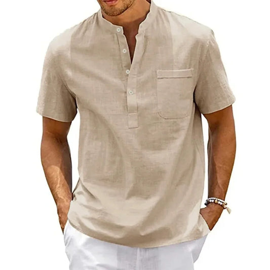 Ashford Linen-Blend Henley Shirt – Premium men’s cotton-linen shirt with breathable comfort, classic Henley neckline, and timeless European style.