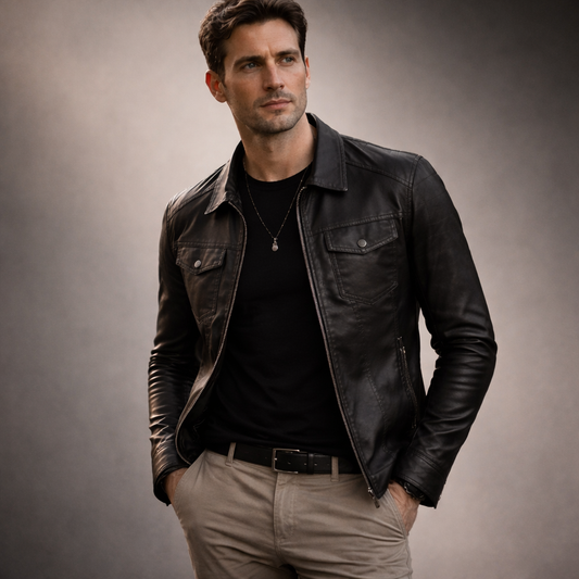 Classic refined lapel jacket for men. Minimalist, elegant design with premium PU leather — ideal for modern European &amp; US wardrobes.