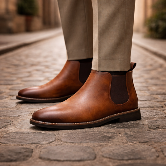 Men’s premium leather Chelsea boots with classic European design. Old money style, refined comfort, and timeless elegance.